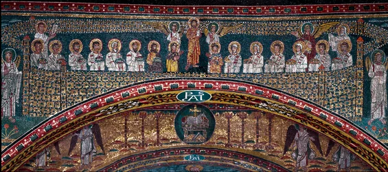 De Visie van Hemels Jeruzalem: De Uitverkorenen worden verwelkomd door de engelen. Hieronder het lam van God. Detail. Mozaïek rond 830. Triomfboog van de Basiliek van Santa Prassede, Rome