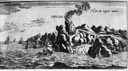 De vulkaan Hekla aan de kust van IJsland - in Mundi Mirabilis Oeconomia door Johamm Zahn, sd. 1696.
