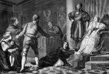 De beschuldigde Jood. Ketterij in de 15e eeuw: proces van een Joodse vrouw beschuldigd van hekserij op een ziek kind. Gravure naar het schilderij van Hogson. Gravure in "The Illustrous Universe"