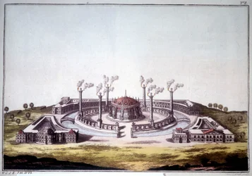 De oude stad Nineveh, oude stad van Assyrië, toont het denkbeeldige uitzicht op een Assyrisch paleis