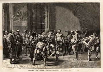 De voorbereidingen voor sumoworstelen, de atleten warmen op, strekken, worden gestyled en concentreren zich voor het gevecht. Gravure ter illustratie van de reis naar Japan, door Aime Humbert, minister van de Zwitserse Confederatie, in 1863-1864, gepublice