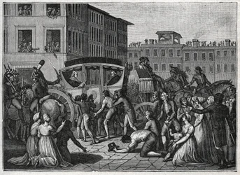 De aankomst van paus Pius VI (Giovanni Angelo Braschi genaamd Pius VI, PIO 1717-1799) in Grenoble in 1799. Gravure uit 1800.