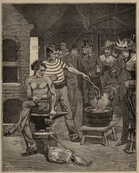 De kunst van glas: ervaring met batavische tranen. Druppels gesmolten glas worden in een koudwaterbad gedruppeld, die bevriezen in de vorm van tranen. Gravure uit 1885 in “Les arts et métiers illustrés” door Adolphe BITARD