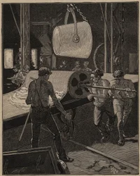 De kunst van glas: ijs maken. Stap genaamd “de grote stroom”. Gravure uit 1885 in “Les arts et métiers illustrés” door Adolphe BITARD