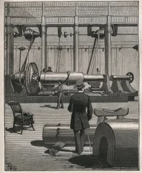 De kunst van de tour: het schieten van een stalen monstergeschut. Gravure uit 1885 in 