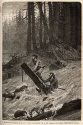 De auteur en zijn reiziger, Mcdonald, die de stroomversnellingen op de Nittinaht-rivier (Vancouver Island) afdalen op een geïmproviseerd vlot. Gravure ter illustratie van de reis en avonturen in Engels Colombia, Vancouver Island en Alaska, door Frederick W