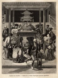 De doop van de Boeddha, een jaarlijks feest dat plaatsvindt op de 8e dag van de 4e maand, gelovigen besprenkelen het bronzen beeld van de Boeddha dat voor de gelegenheid voor de tempels wordt tentoongesteld. Gravure ter illustratie van de reis naar Japan, 