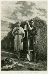 De bildars, eigenaren van een beche, zijn belast met het graven van de afvoeren van de tarwevelden in de Karoun-regio. Gravure ter illustratie van het verhaal La Perse, la Chaldee et la Susiane door Jane Delafoy (1851-1916), academieofficier, in le tour du