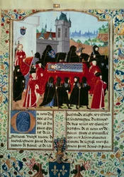 Het lichaam van de overleden koning Karel VI (1368-1422) wordt weggebracht, achter de processie de nieuwe koning Karel VII (1403-1461) op 22/10/1422