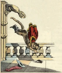 De laars kat vraagt de reus om in een muis te veranderen en springt om hem op te eten (illustratie van het sprookje 