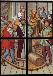 De brouwers. Lithografie van een glas-in-loodraam van de kathedraal van Doornik uit de 15e eeuw. 19e eeuw. Parijs, decoratieve kunsten
