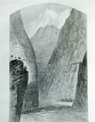 De brug over de Apurimac-rivier, gravure. Peru