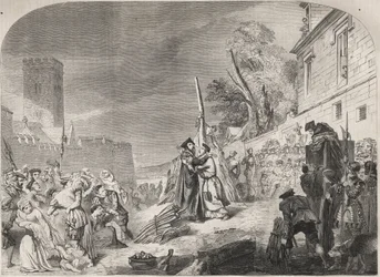 De verbranding van bisschoppen Nicholas Ridley en Hugh Latimer op de brandstapel bij de poorten van Balliol College, Oxford, Engeland