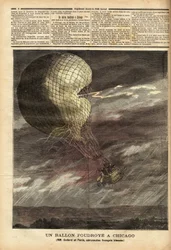 De gevangen ballon (gevangen ballon) van de Franse heren Godard en Panis, slachtoffer van een ongeluk veroorzaakt door de storm op 7 juli, op het terrein van de Wereldtentoonstelling in Chicago, tijdens de vlucht werd de ballon geraakt en geraakt, waarbij 
