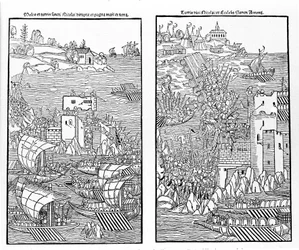 De verovering van Rhodos door de Turken in 1522. De Turken vallen het fort van St. Nicolaas aan. Houtsnede.