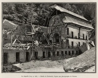 De kapel verwoest door de overstroming van de Arve. Gravure door Berteault.