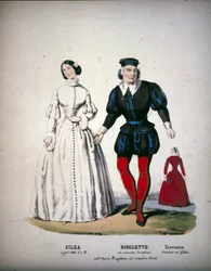 De personages van Gilda, Rigoletto en Giovanna in Act III van de opera 