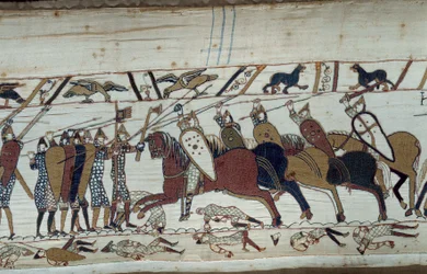 De verovering van Engeland door de Hertog van Normandië Willem de Veroveraar (1027-1087) in 1066: scène van de slag bij Hastings tussen de Normandische infanterie en de Saksische cavalerie Detail van het tapijt van Bayeux of Borduurwerk van Koningin Mathil