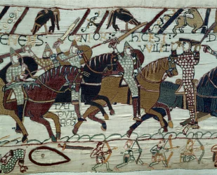 De verovering van Engeland door het leger van de hertog van Normandië Willem de Veroveraar (1027-1087): Hertog Willem wordt herkend door zijn soldaten door zijn helm op te tillen tijdens de slag bij Hastings (detail)