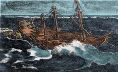 De bouw van het vlot van het fregat “Meduse”, dat op 02/07/1816 verging op de Bank van Arguin, nabij de kust van Mauritanië. Gravure uit de 19e eeuw