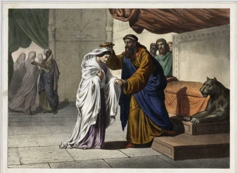 De kroning van Esther: de Perzische koning Ahasveros I (Xerxes I) kroont zijn vrouw Esther. Anonieme gravure uit de 19e eeuw.