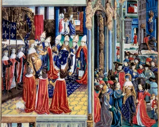 De kroning van koning Saint Louis (Louis IX) (1214-1270) op 29/11/1226 in de kathedraal van Reims. Miniatuur uit een manuscript 