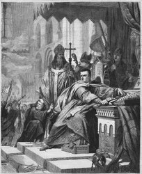 De kroning van Willem I de Veroveraar (1027 - 1087) in 1066. Hertog van Normandië (1035 - 1087) en Koning van Engeland (1066 - 1087). Gravure uit de 19e eeuw