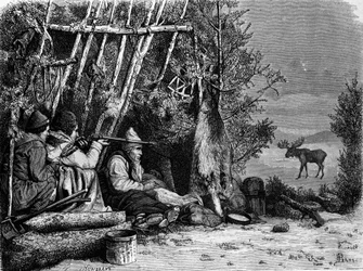 Het dagelijks leven van trappers (beroepsjagers) in Canada: twee kariboejagers. Gravure uit de 19e eeuw.