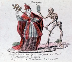 De dans van de dood, de paus en een skelet (prent)