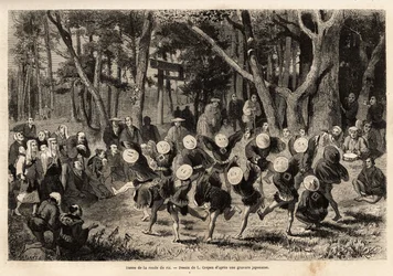 De dans van de rijstronde, die plaatsvindt in de 10e maand van het jaar, heeft betrekking op graangewassen. Gravure ter illustratie van de reis naar Japan, door Aime Humbert, minister van de Zwitserse Confederatie, in 1863-1864, gepubliceerd in 