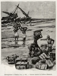 De ontscheping bij Chimbye (Tanzania) van de Peters-expeditie. Gravure ter illustratie van het verhaal 