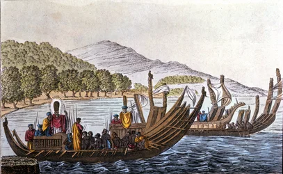 Het vertrek van Polynesiërs naar de Stille Oceaan aan boord van dubbelrompkano