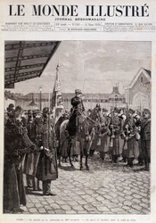 Het vertrek van de Compagnie van het 200e Regiment. Groet aan de vlag in het Gare de Lyon. “De Geïllustreerde Wereld”. 23/03/1895. Tekening.