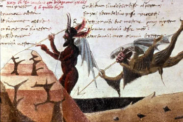 De duivels in een cirkel van de hel naar een handgeschreven editie van de Divina Commedia (Goddelijke Komedie) door Dante Alighieri (1265 - 1321) uit de 14e eeuw. Bibl.Trivulziana Milaan.