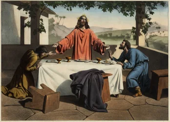 De discipelen van Emaus (Emmaus) ontmoeten de verrezen Christus op de avond van Pasen, die brood deelt. Anonieme gravure uit het midden van de 19e eeuw