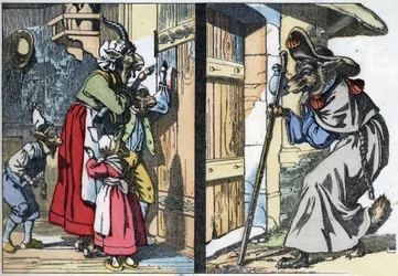 De vermomde wolf klopt op de deur van het huis met de geit en de biquets. Illustratie van het sprookje 