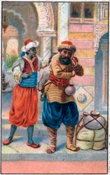 De deur faix. De wonderbaarlijke avonturen van Sinbad de zeeman. Populair verhaal van 1001 nachten. Chromolithografie uit de late 19e eeuw.