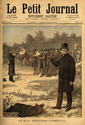 Het duel met het pistool (verboden in Frankrijk sinds 1626) tussen afgevaardigden Paul Deroulede (1846-1914) en Georges Clemenceau (1841-1929), geen schade. Gravure in Le petit journal 7/01/1893. Selva