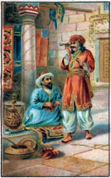 De betoverende buis. Verhaal van Prins Ahmed en de fee Paris-Banou (Pari Banou) (Paribanu). Verhaal van 1001 nachten (verhalen van de duizend en één nachten). Chromolithografie uit het einde van de 19e eeuw.