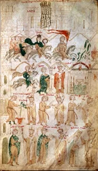 De intocht van Hendrik VI van het Heilige Roomse Rijk (1165-1197) in Rome en zijn kroning tot keizer op 14/04/1191 door paus Celestinus III. Pagina uit het „Liber ad honorem Augusti” van Pietro da Eboli (Peter van Eboli) - (codex 120, fol. 105), 13e eeuw