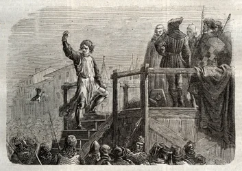 De executie van Conradin, koning van Sicilië en hertog van Zwaben (1252-1268) door bevel van Karel van Anjou na de slag bij Tagliacozzo in 1268