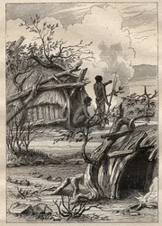 De expeditie rond de wereld (1790-1792) door kapitein Etienne Marchand (1755-1793): inheemse hutten van het land Enddacht (Australië) - illustratie uit De Grote Zeevaarders van de 18e eeuw