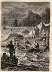 De expeditie naar de zuidelijke landen (1800-1803) door Nicolas Baudin (1754-1803): de zieken van scheurbuik werden aan land gebracht in de Bay of Adventure (Tasmanië, Australië) - illustratie uit 