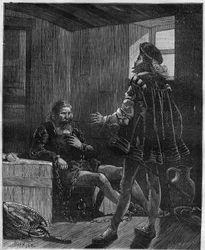 De ontdekkingsreiziger en navigator Christoffel Columbus (1451-1506) keert terug van zijn derde reis en is geketend in het vrachtruim