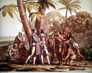 De eerste indianen die aan Christoffel Columbus verschenen bij zijn aankomst in Amerika, - in „Het oude en moderne kostuum” van Jules Ferrario