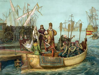 De eerste reis: Christoffel Columbus begroet koningin Isabella van Castilië in de haven van Palos voor zijn vertrek in 1492. Gravure, 19e eeuw
