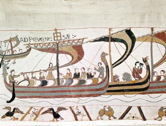 De vloot van Willem I de Veroveraar op weg naar Engeland - Tapijt van Bayeux, bekend als Borduurwerk van Koningin Mathilde