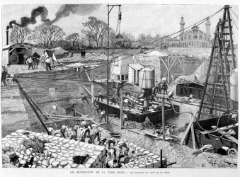 De fundamenten van de Eiffeltoren: de caissons aan de Seine-kant - in Illustration 14/05/1887.