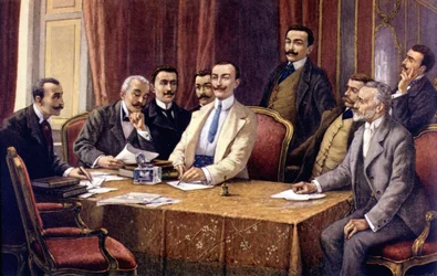 De oprichters van Fiat door L. Delleani (1840 - 1908). Van links (zittend): Graaf Bisometti, Advocaat Racca, Graaf Bricherasso, Ceriana, Giovanni Agnelli, Advocaat Scarfiotti, Ferrero en (staand) Luigi Damevino en Advocaat Goria Gatti. Eind 19e eeuw