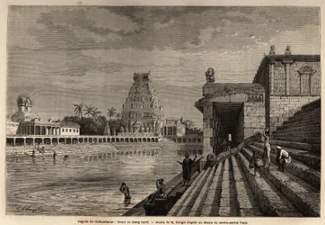 De ghat of heilige vijver van de Chillambaran-pagode, gelegen aan de Golf van Bengalen, nabij Pondichery (Pondicherry) (India); enkele gelovigen dalen de monumentale trap af om een bad te nemen of reinigende ablutions uit te voeren. Gravure ter illustratie